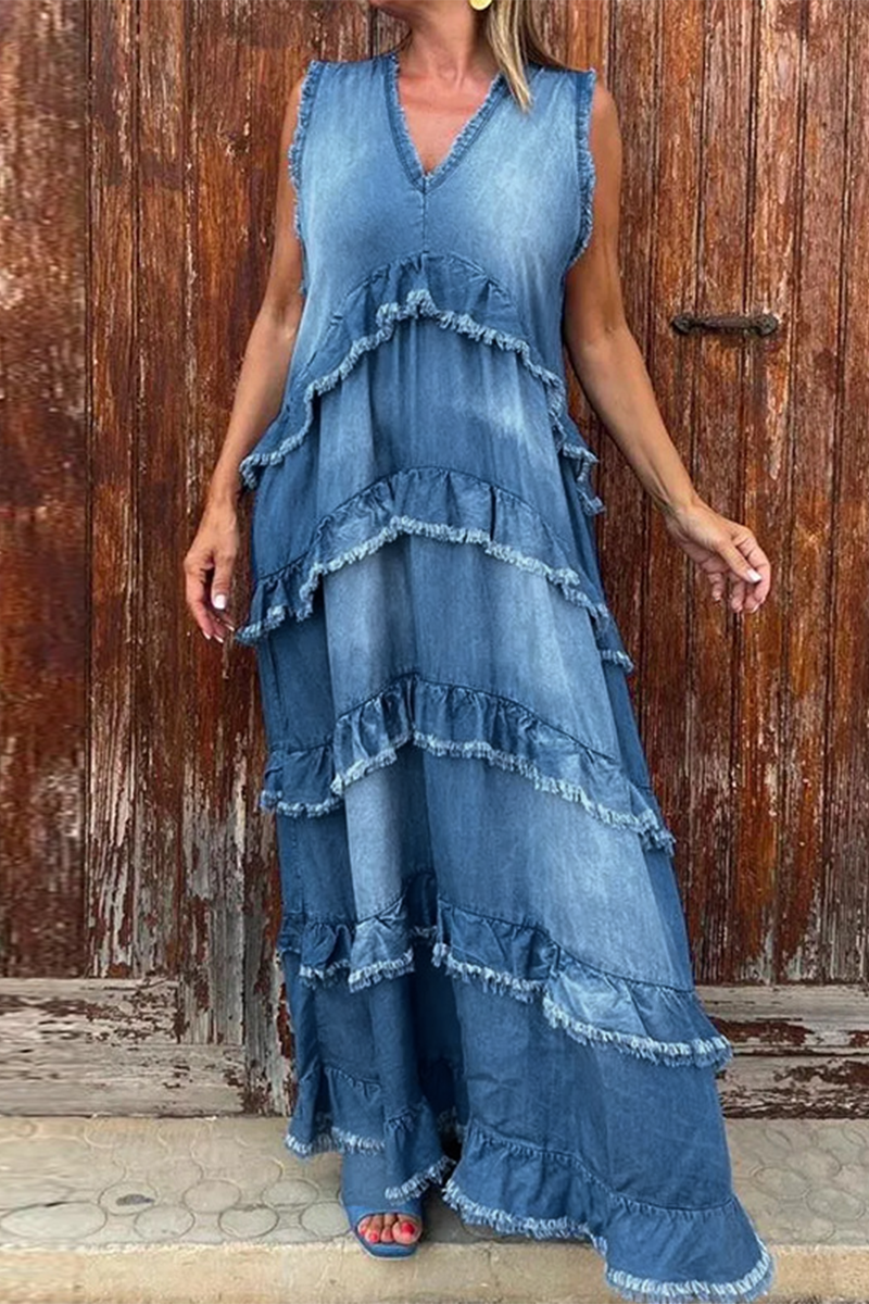 GR | Casual Ripped Ruffle V-Neck Sleeveless Loose Denim Dresses - 3 Colors