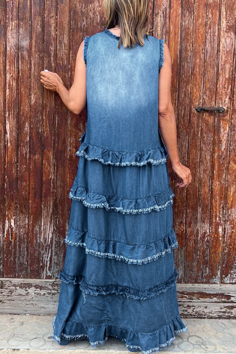 GR | Casual Ripped Ruffle V-Neck Sleeveless Loose Denim Dresses - 3 Colors