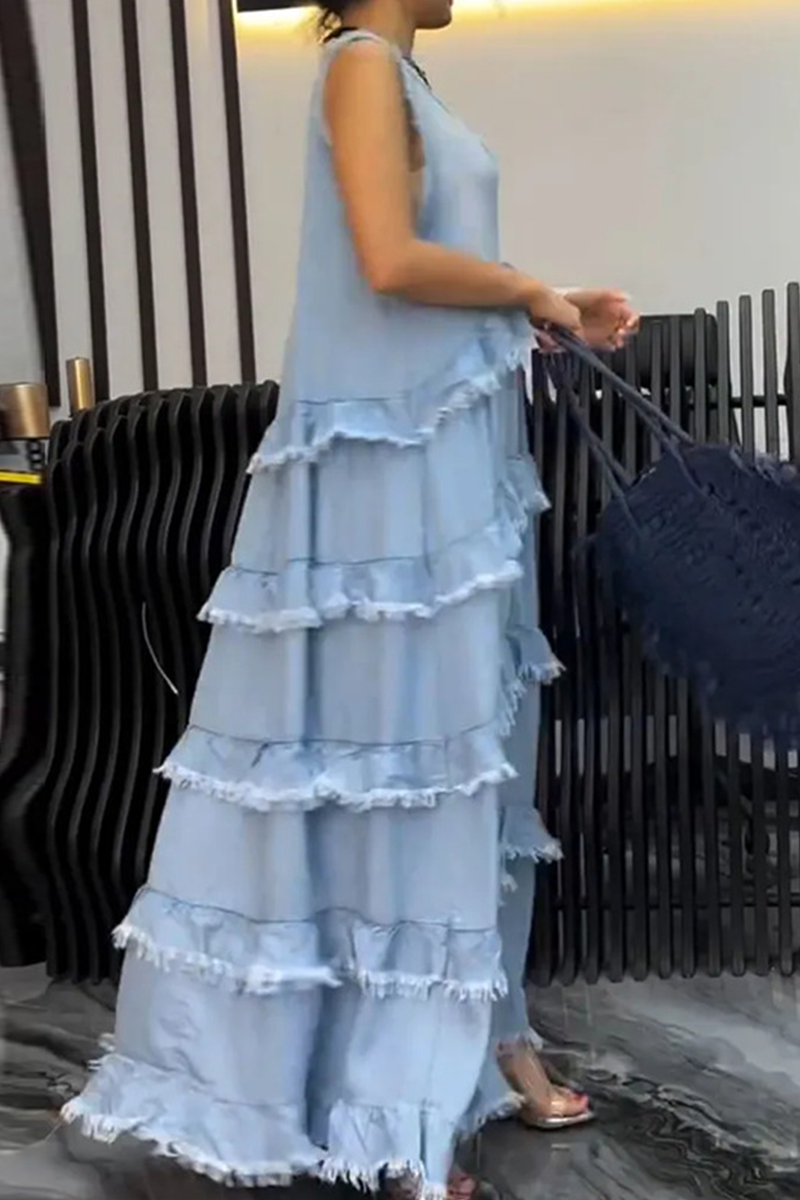 GR | Casual Ripped Ruffle V-Neck Sleeveless Loose Denim Dresses - 3 Colors