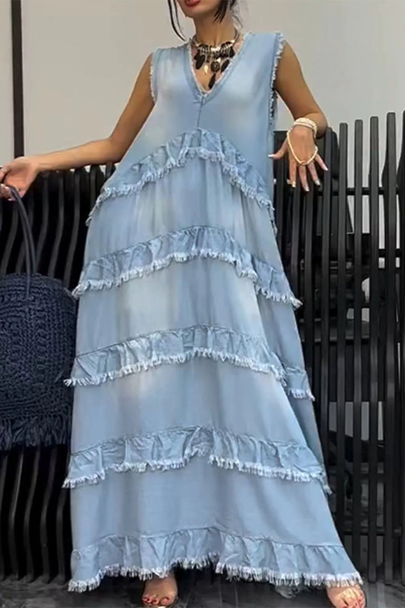 GR | Casual Ripped Ruffle V-Neck Sleeveless Loose Denim Dresses - 3 Colors