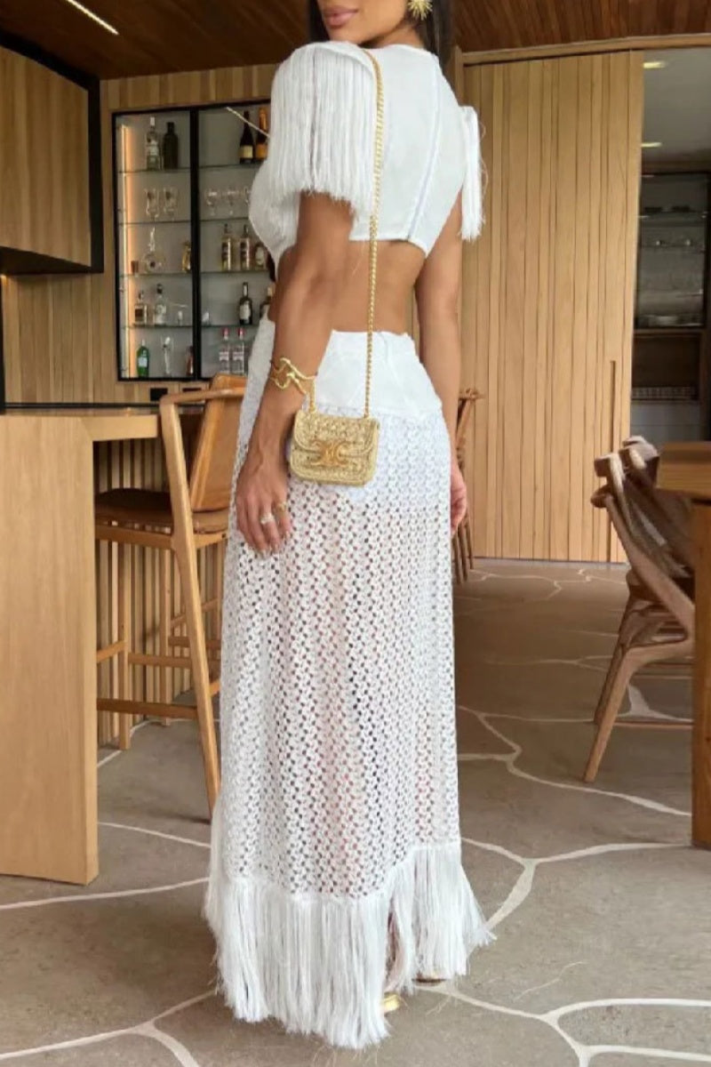 GR | Sexy Holiday Solid Color Fringe Trim Hollow Neck Deep V-Neck Long Dresses