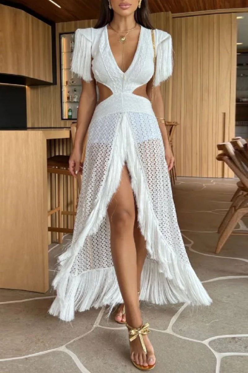 GR | Sexy Holiday Solid Color Fringe Trim Hollow Neck Deep V-Neck Long Dresses