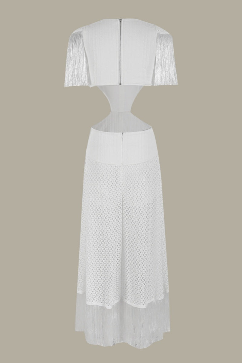 GR | Sexy Holiday Solid Color Fringe Trim Hollow Neck Deep V-Neck Long Dresses