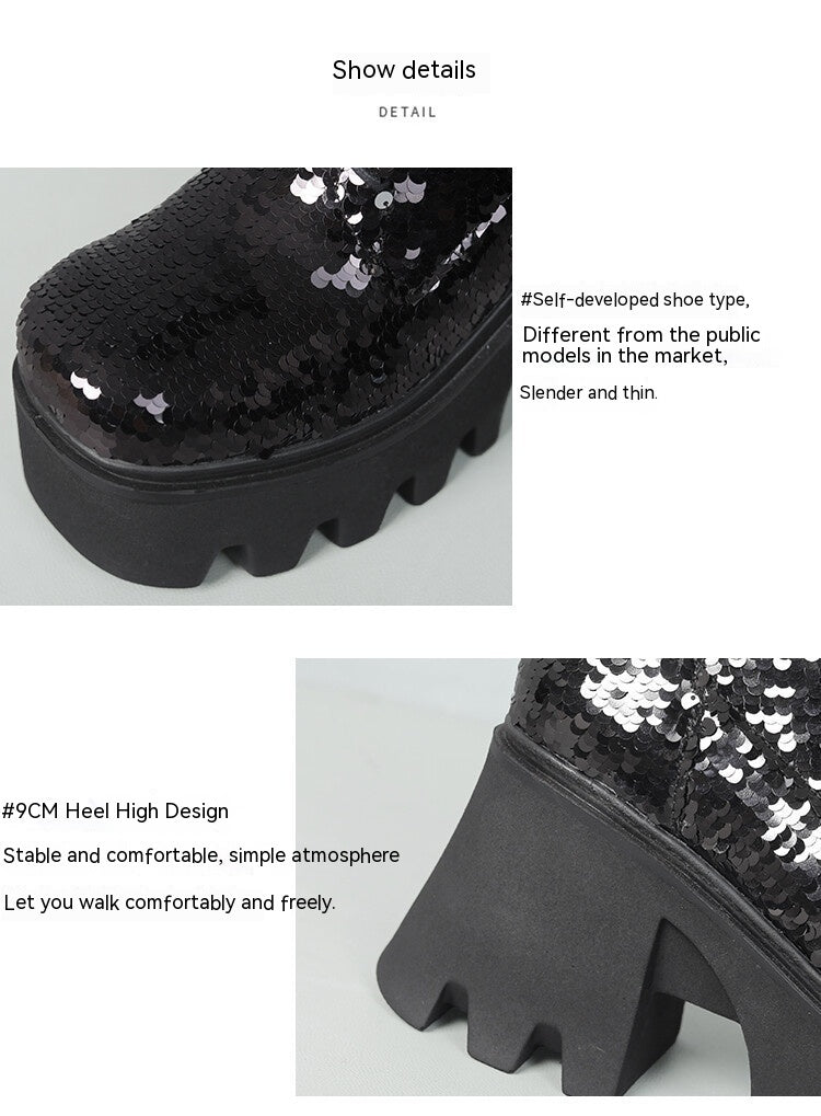 GR | Sequin Mid-Length Martin Boots Round Toe Front