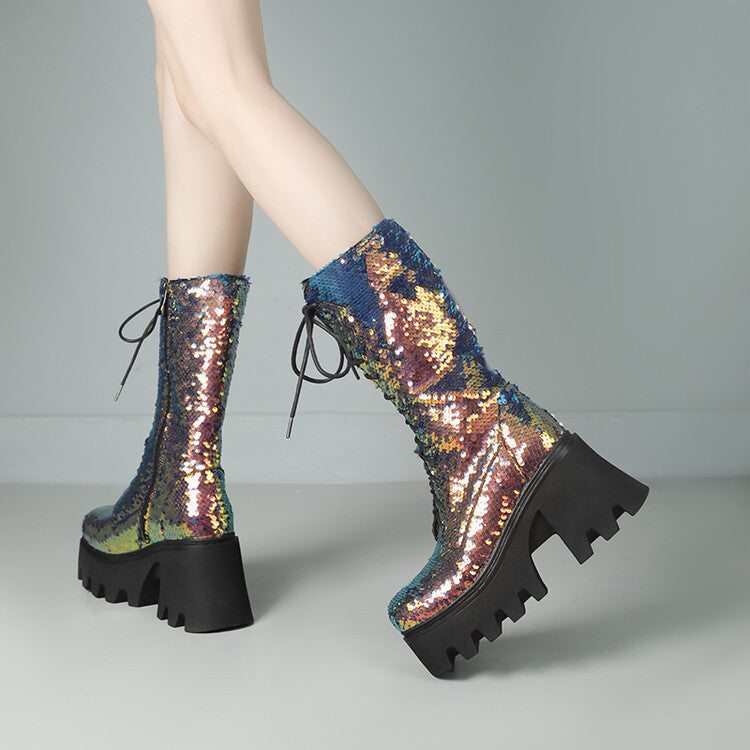 GR | Sequin Mid-Length Martin Boots Round Toe Front