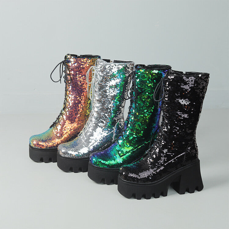 GR | Sequin Mid-Length Martin Boots Round Toe Front