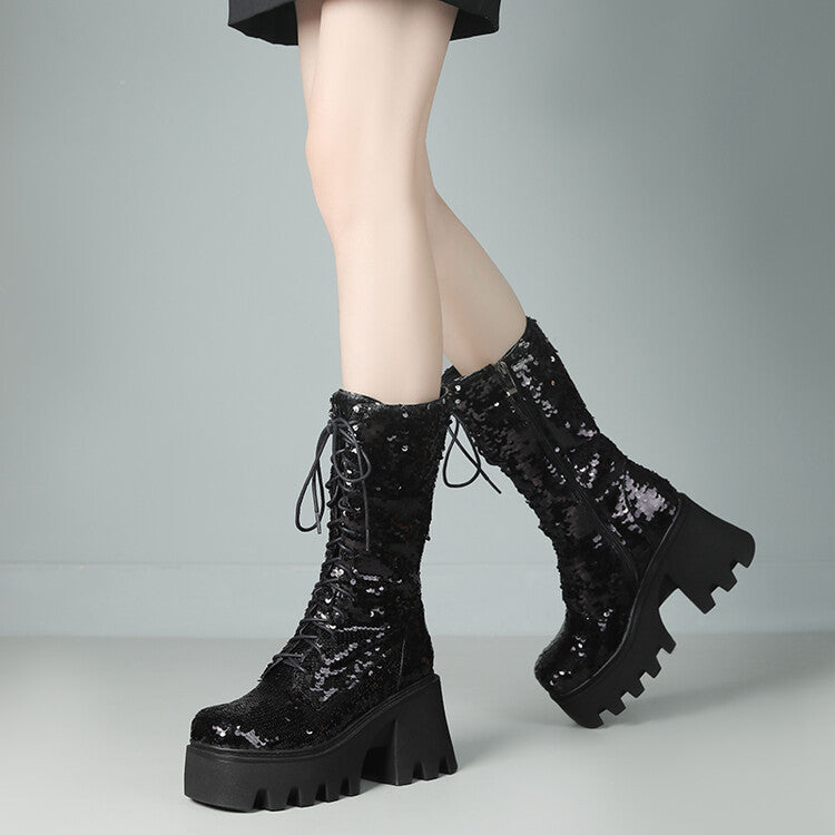 GR | Sequin Mid-Length Martin Boots Round Toe Front