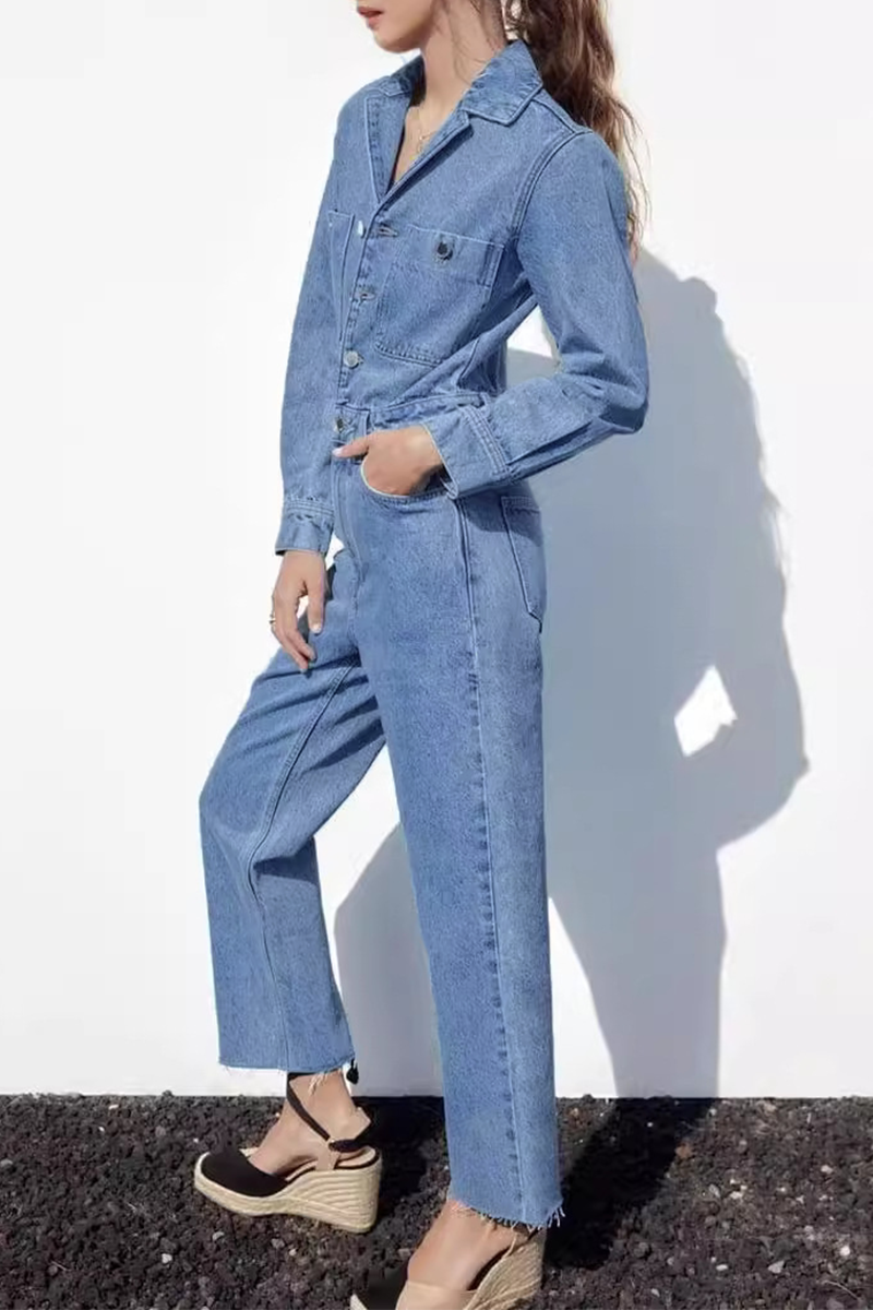 GR | Casual Street Solid Color Pocket Button Turn-Down Collar Long Sleeves Loose Denim Overalls