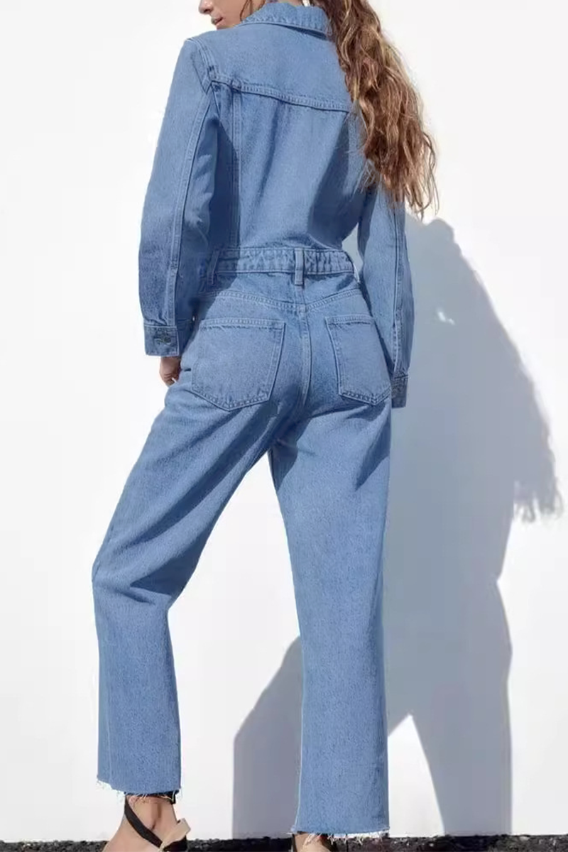 GR | Casual Street Solid Color Pocket Button Turn-Down Collar Long Sleeves Loose Denim Overalls