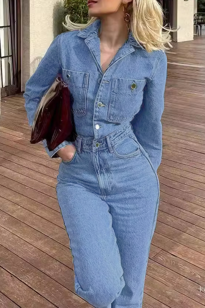 GR | Casual Street Solid Color Pocket Button Turn-Down Collar Long Sleeves Loose Denim Overalls