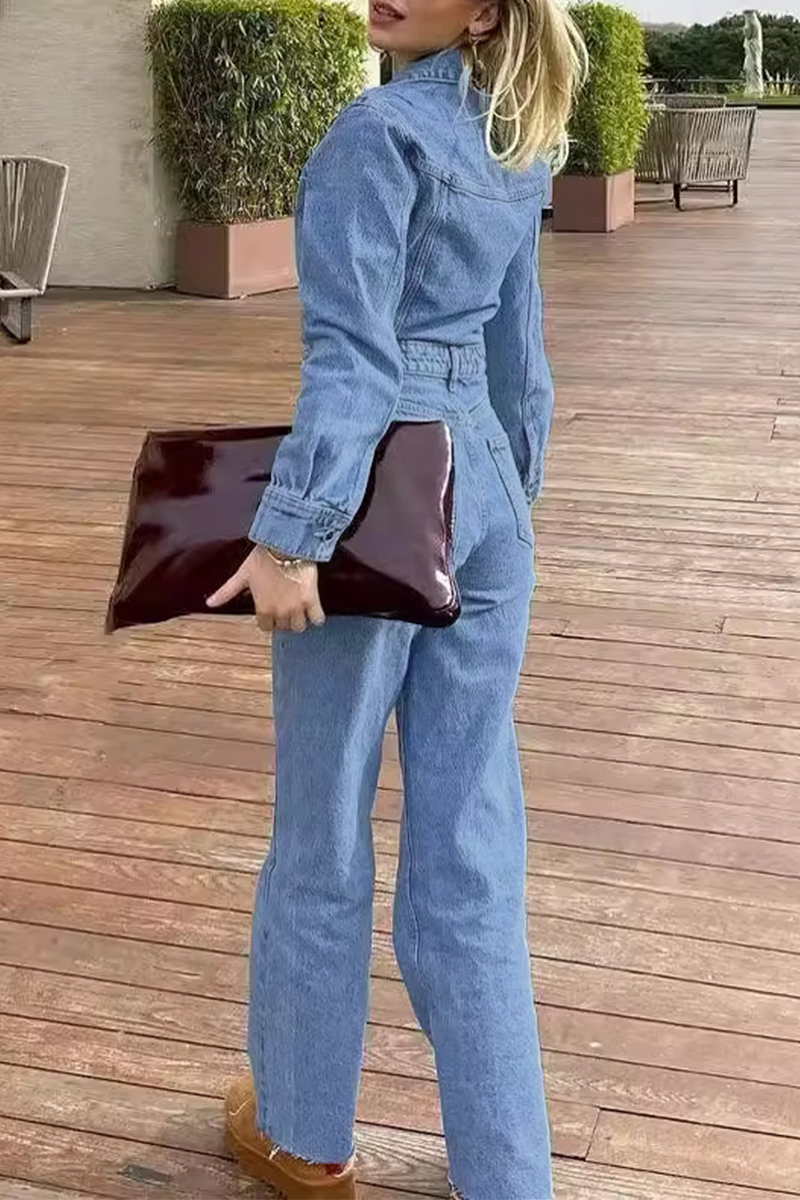 GR | Casual Street Solid Color Pocket Button Turn-Down Collar Long Sleeves Loose Denim Overalls