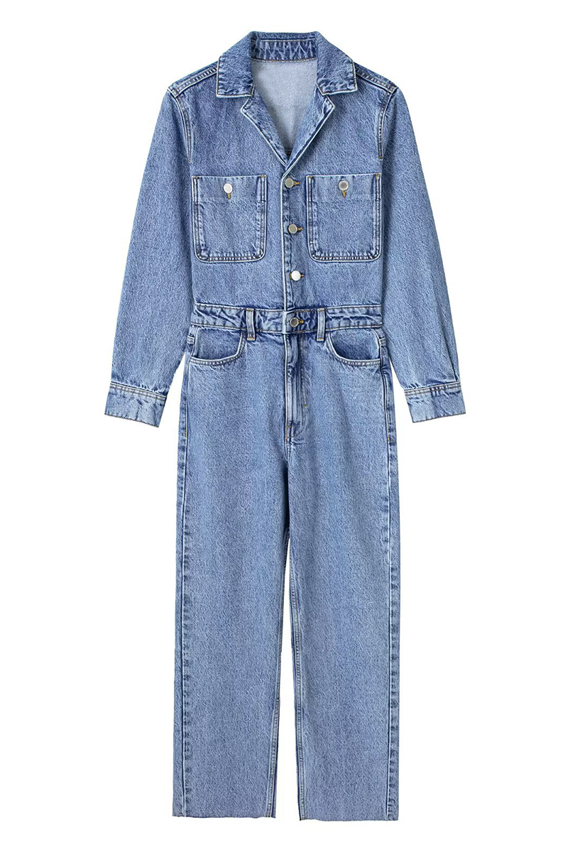 GR | Casual Street Solid Color Pocket Button Turn-Down Collar Long Sleeves Loose Denim Overalls