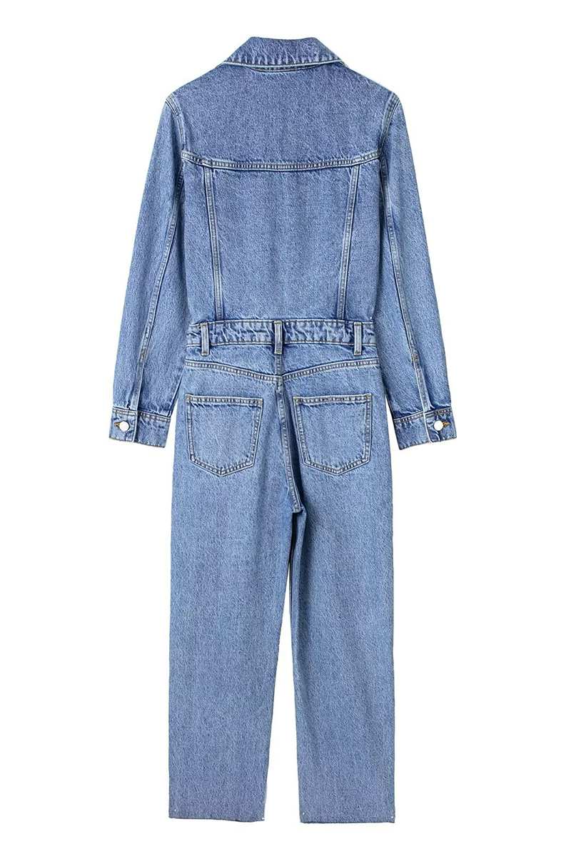 GR | Casual Street Solid Color Pocket Button Turn-Down Collar Long Sleeves Loose Denim Overalls