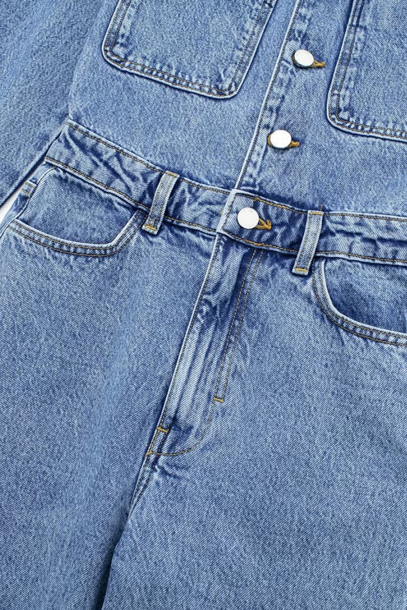 GR | Casual Street Solid Color Pocket Button Turn-Down Collar Long Sleeves Loose Denim Overalls