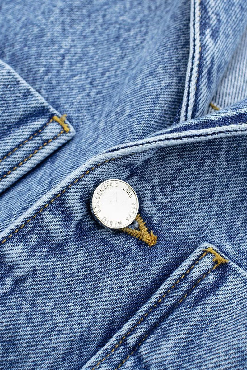 GR | Casual Street Solid Color Pocket Button Turn-Down Collar Long Sleeves Loose Denim Overalls