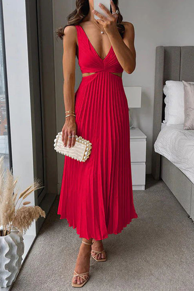 GR | Sommer Sozial Flecken Plissierter Cutout Taille Locker Midi - 6 Farben
