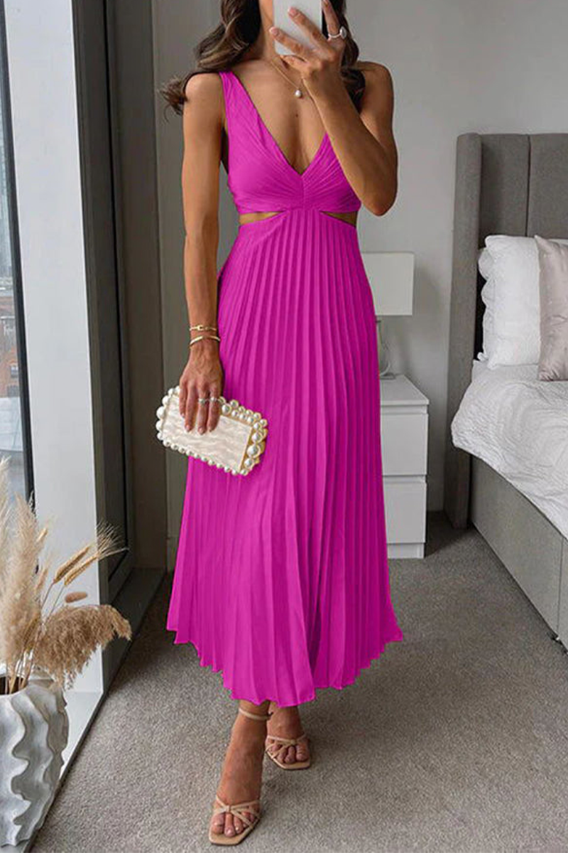 GR | Sommer Sozial Flecken Plissierter Cutout Taille Locker Midi - 6 Farben