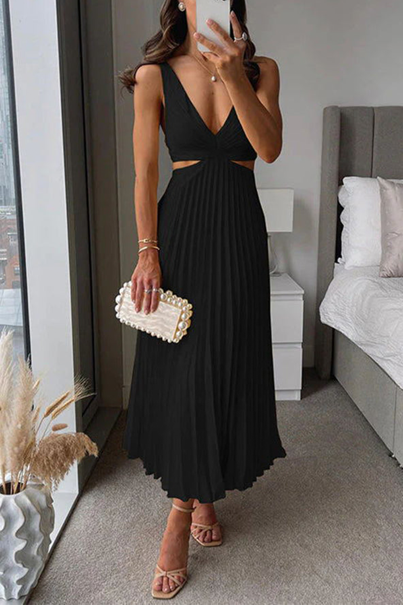 GR | Sommer Sozial Flecken Plissierter Cutout Taille Locker Midi - 6 Farben