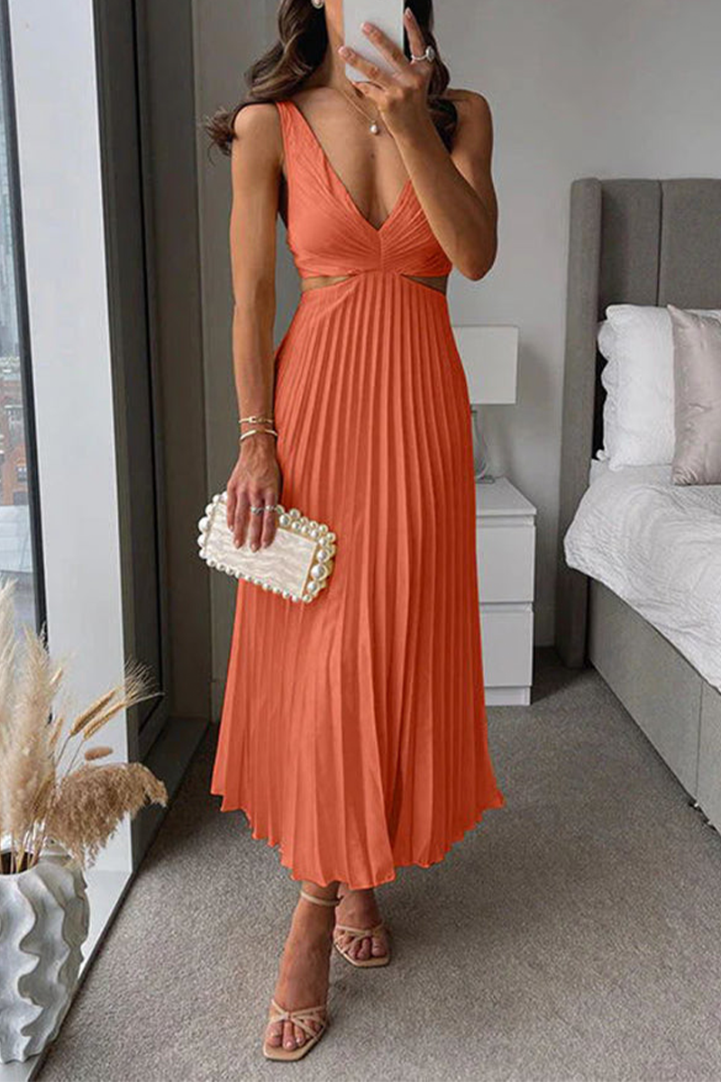 GR | Sommer Sozial Flecken Plissierter Cutout Taille Locker Midi - 6 Farben