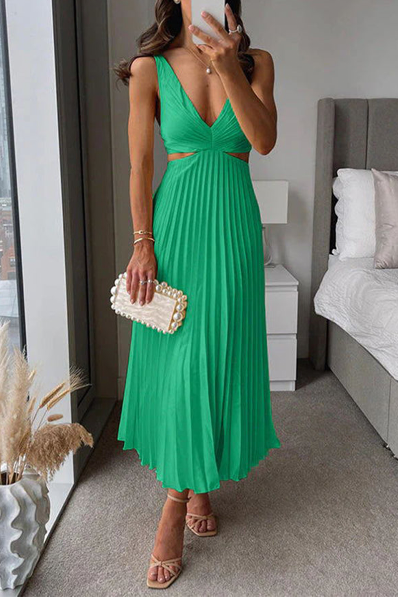 GR | Sommer Sozial Flecken Plissierter Cutout Taille Locker Midi - 6 Farben