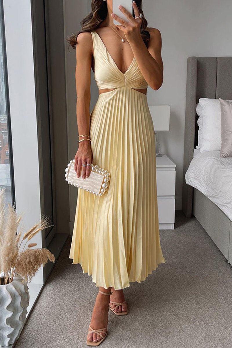 GR | Sommer Sozial Flecken Plissierter Cutout Taille Locker Midi - 6 Farben