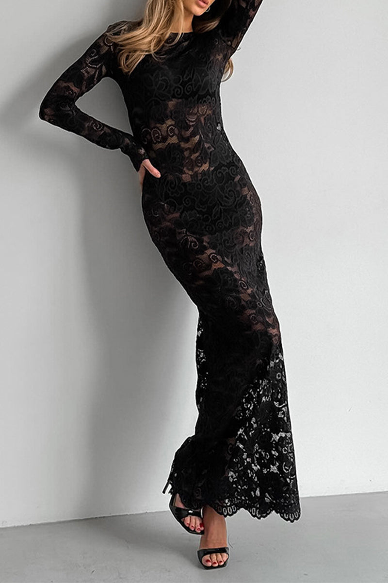 GR | Sexy Spitze Durchsichtige O-Ausschnitt Spitzenkleid Kleider