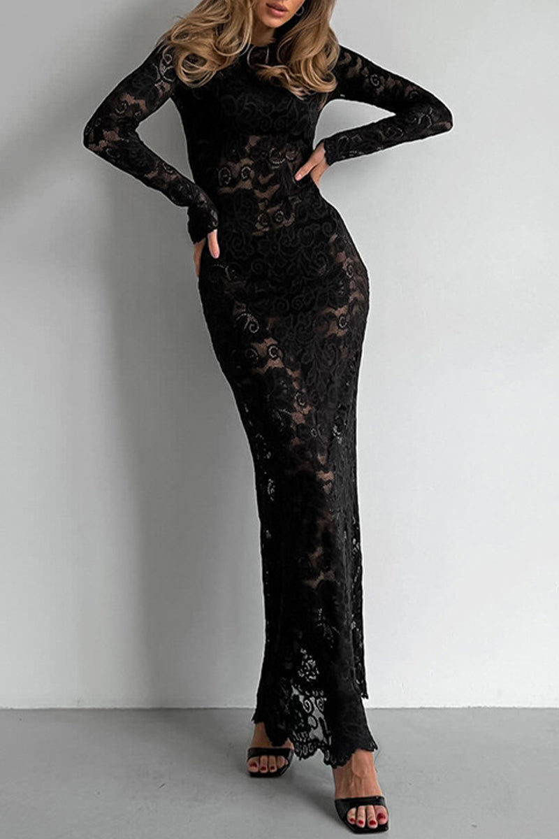GR | Sexy Spitze Durchsichtige O-Ausschnitt Spitzenkleid Kleider