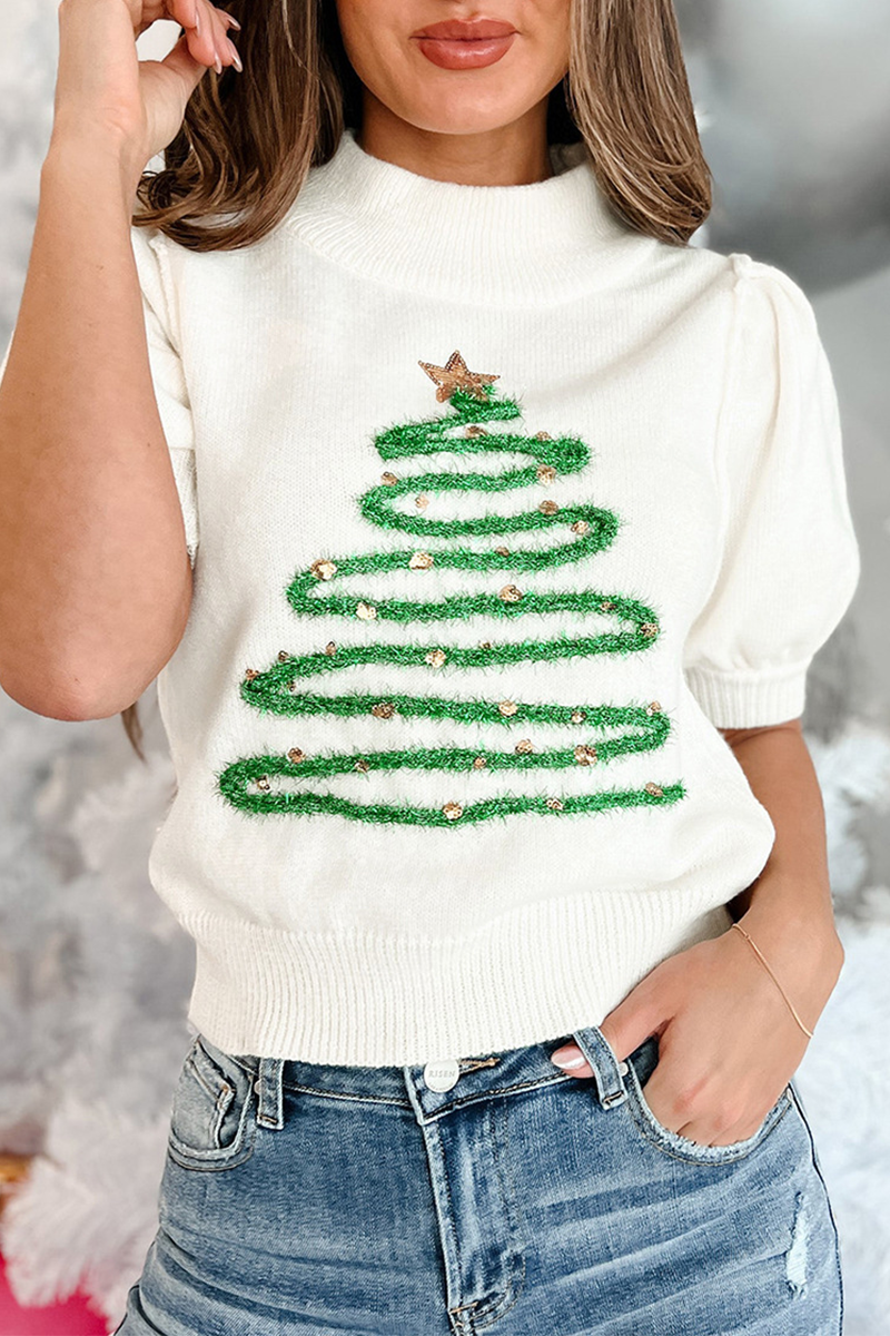 GR | Casual turtleneck sweaters with Christmas tree sequin patchwork