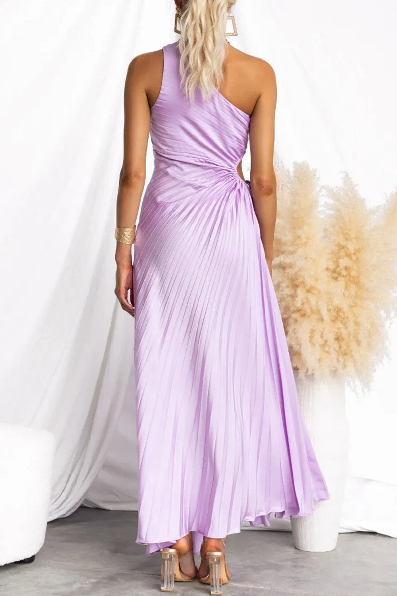 GR | Sexy Drawstring Pleated Slanted Shoulder Pleated Dresses - 4 Colors