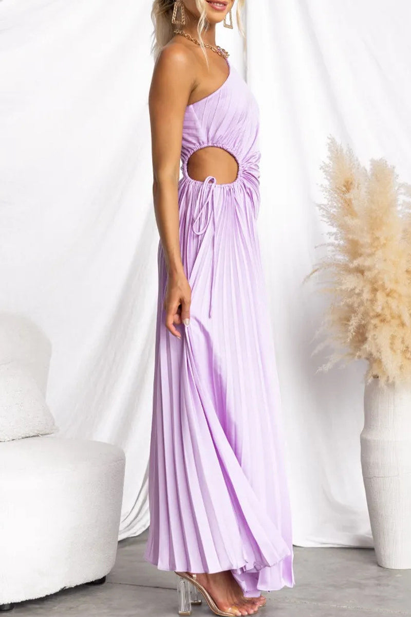 GR | Sexy Drawstring Pleated Slanted Shoulder Pleated Dresses - 4 Colors