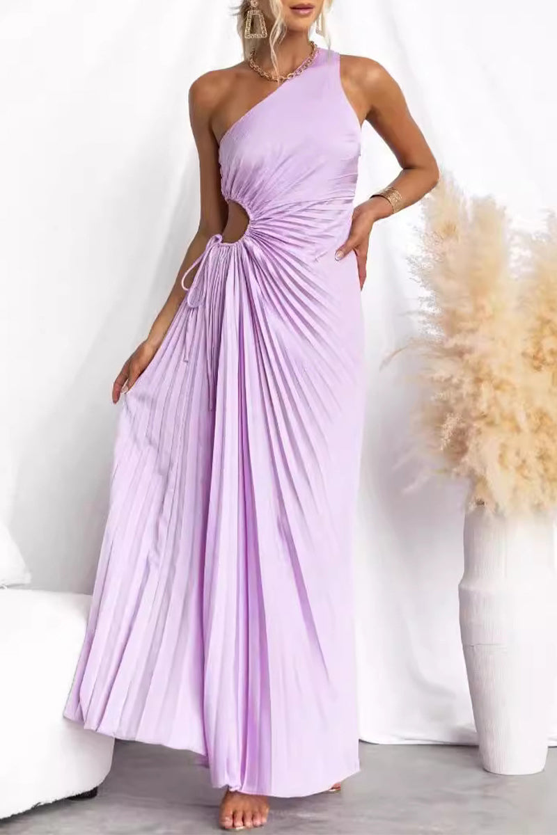 GR | Sexy Drawstring Pleated Slanted Shoulder Pleated Dresses - 4 Colors