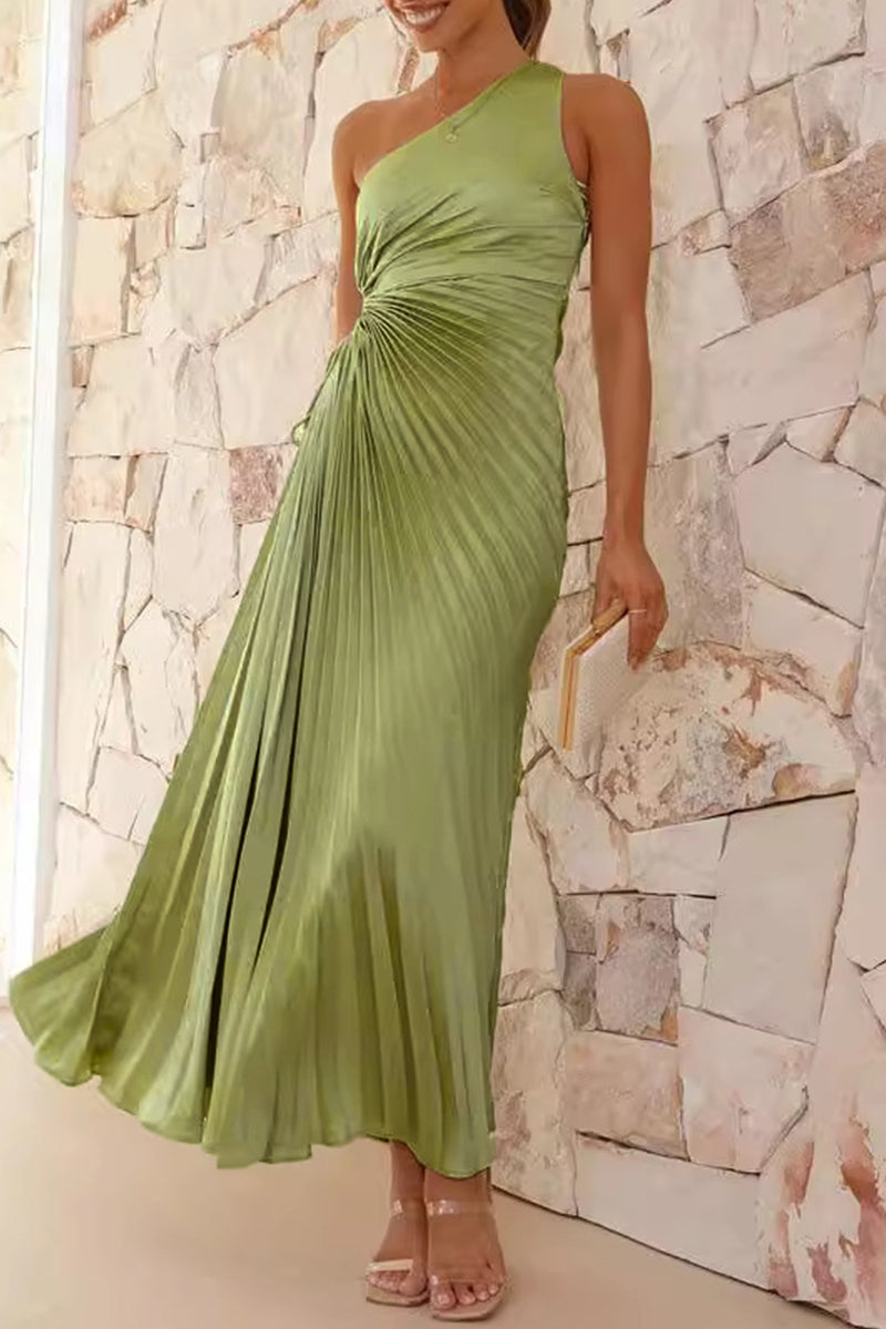 GR | Sexy Drawstring Pleated Slanted Shoulder Pleated Dresses - 4 Colors