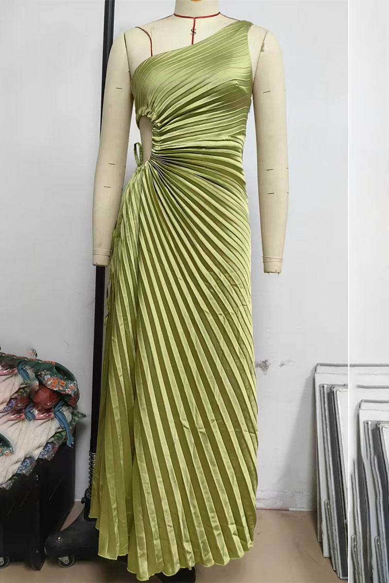 GR | Sexy Drawstring Pleated Slanted Shoulder Pleated Dresses - 4 Colors