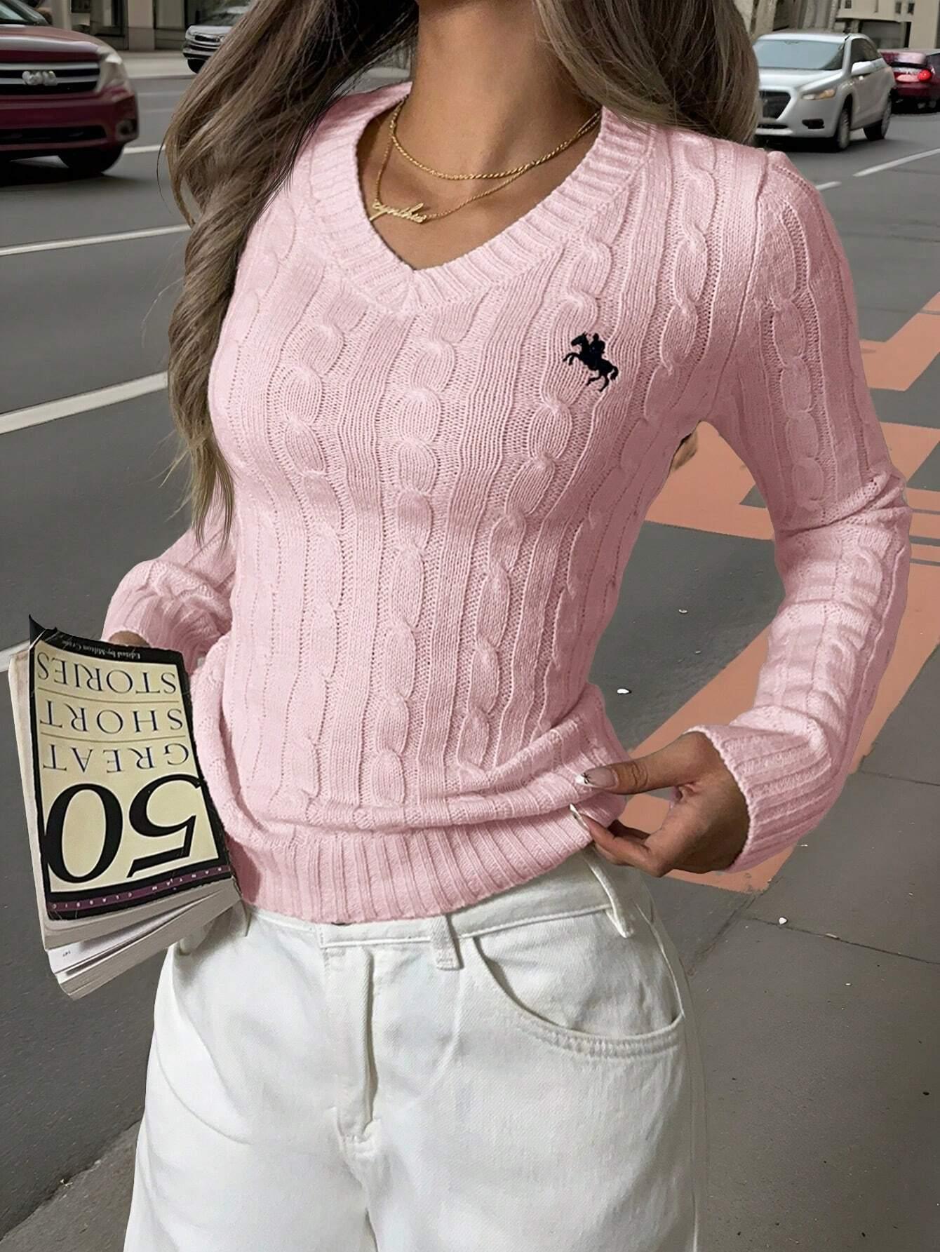 GR | Schnürgestrickter Pullover mit V-Ausschnitt für Damen
