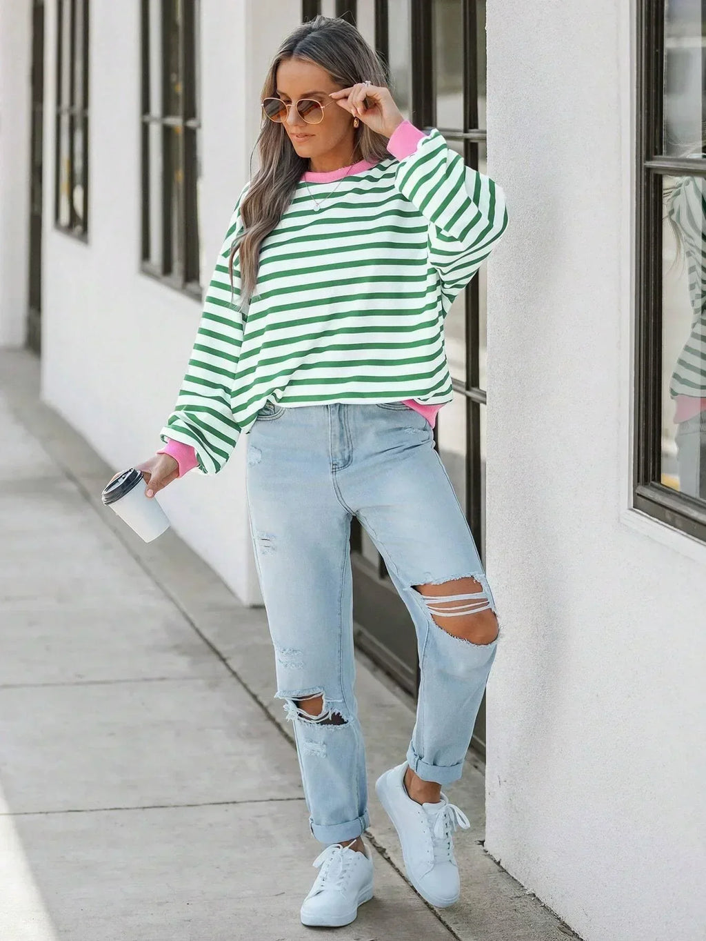 GR | Gestreiftes Sweatshirt mit Rosa Details für Damen