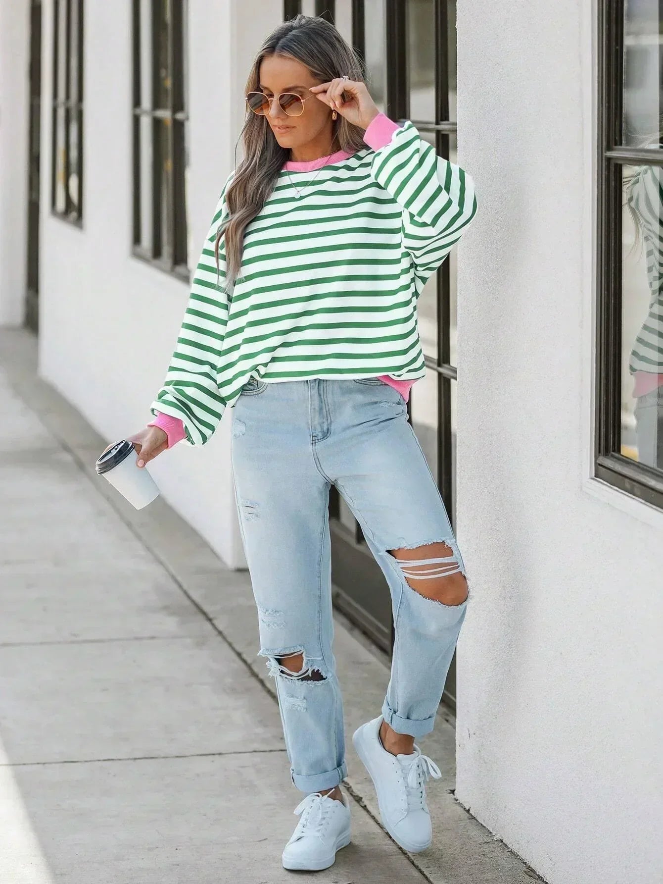 GR | Striped sweatshirt with pink details for women