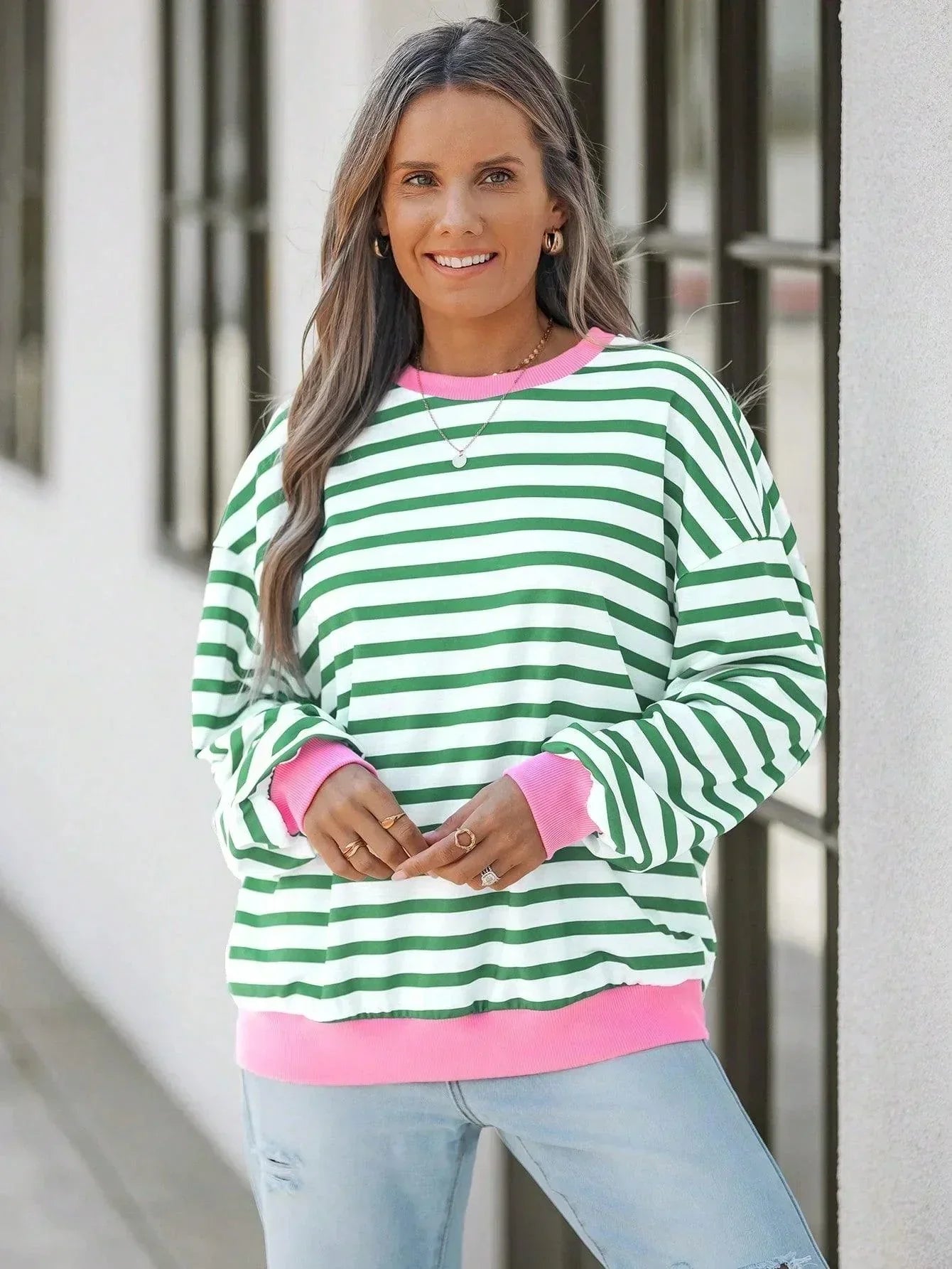 GR | Gestreiftes Sweatshirt mit Rosa Details für Damen