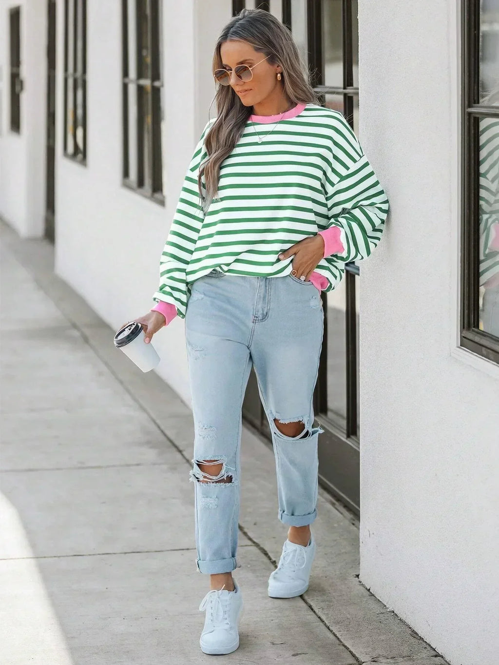 GR | Gestreiftes Sweatshirt mit Rosa Details für Damen
