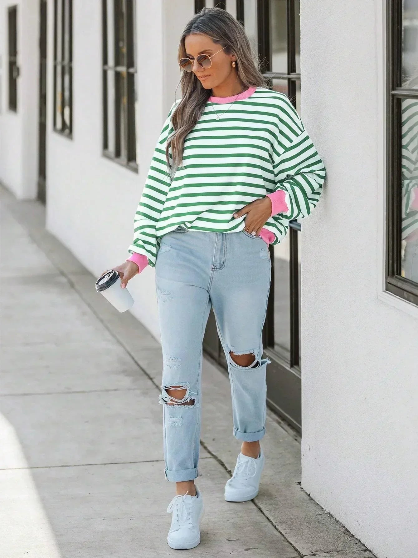 GR | Striped sweatshirt with pink details for women