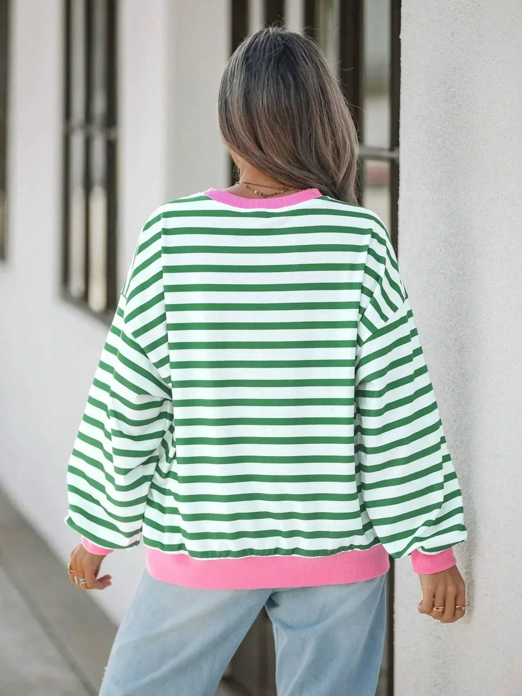 GR | Gestreiftes Sweatshirt mit Rosa Details für Damen