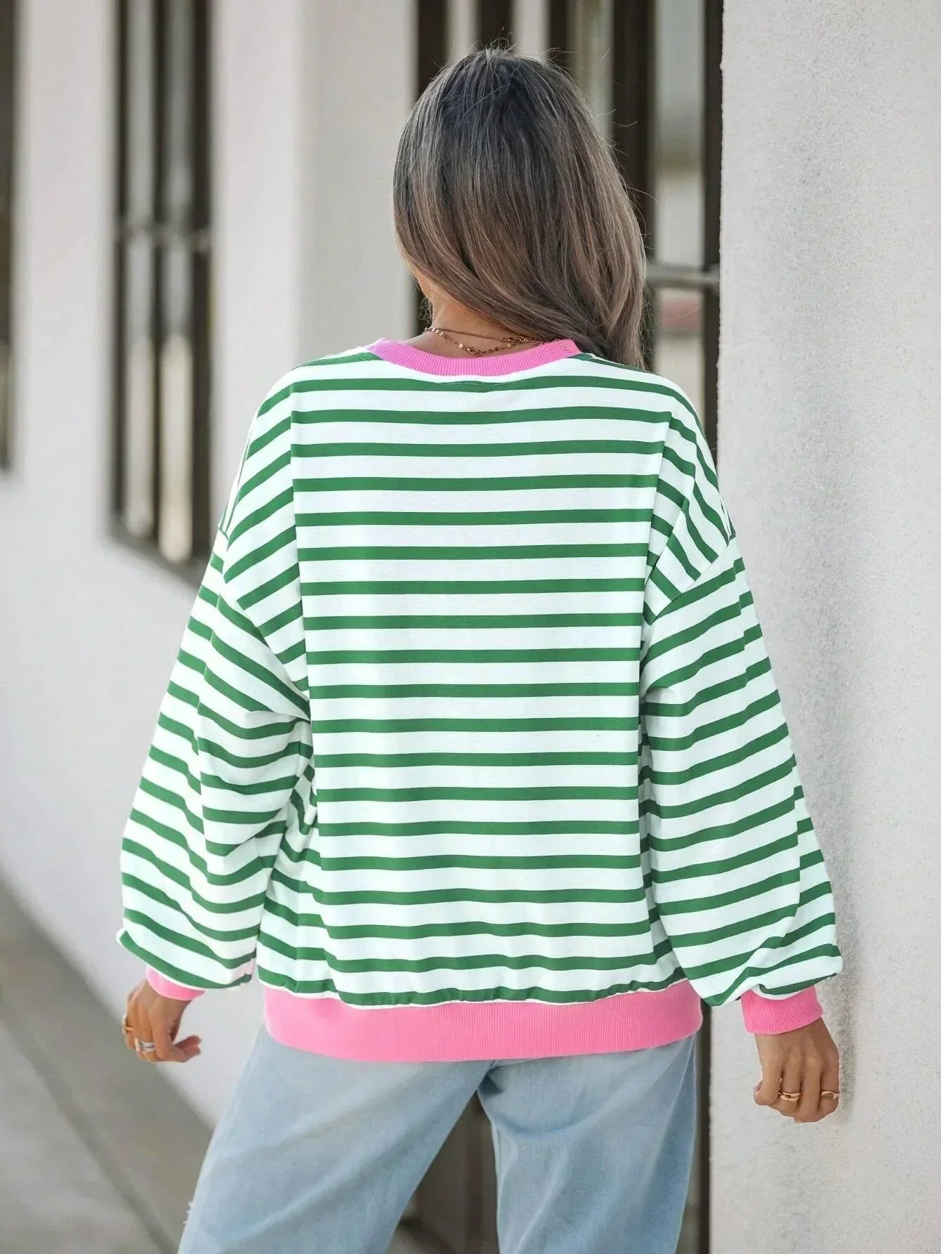 GR | Striped sweatshirt with pink details for women
