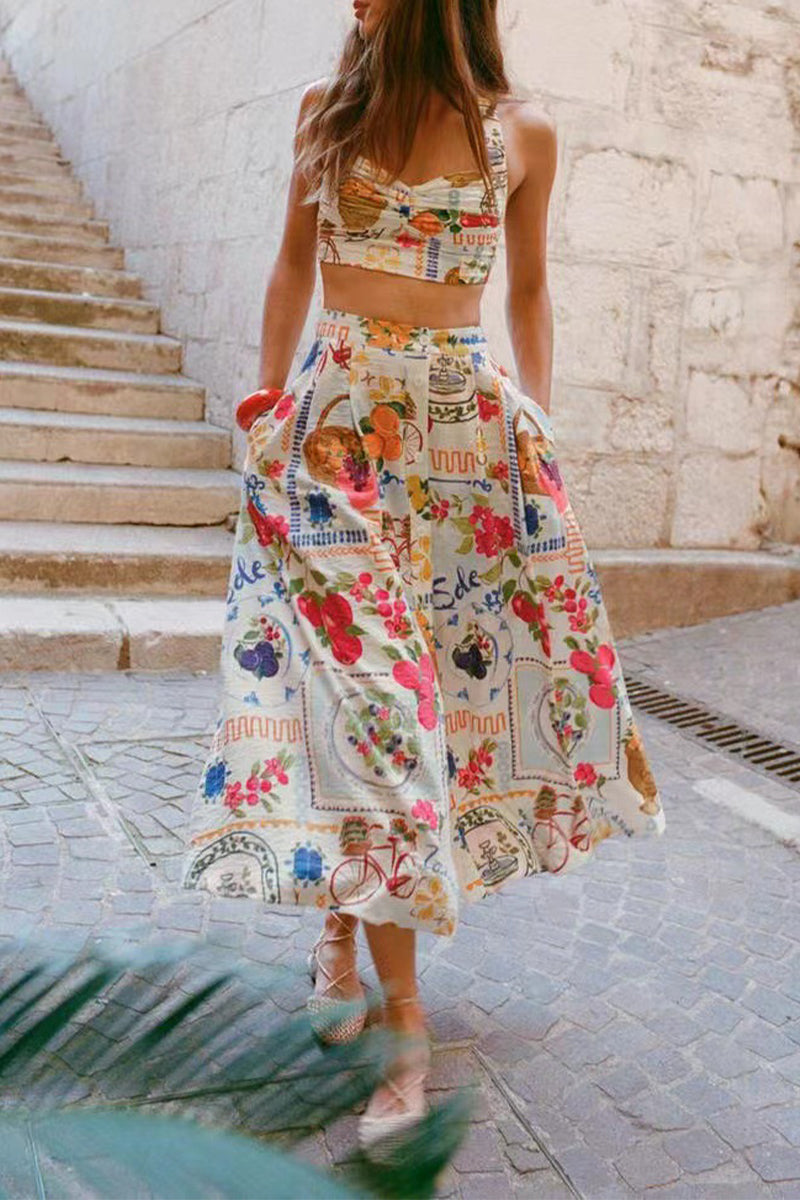 GR | Elegant floral print, pocket, ruffle contrast, square neckline, sleeveless two-piece