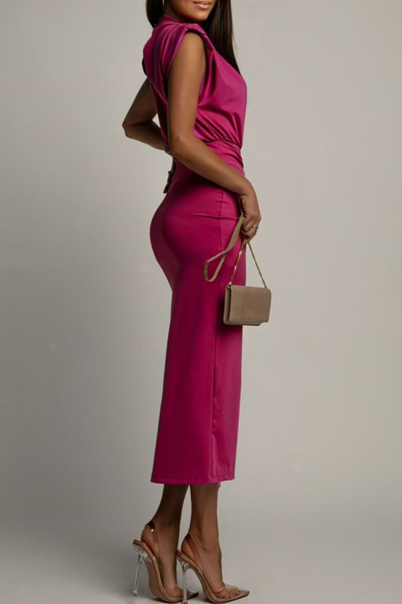 GR | Elegant Slit, Gathered O-Neck Wrap Skirt Dress - 3 Colors