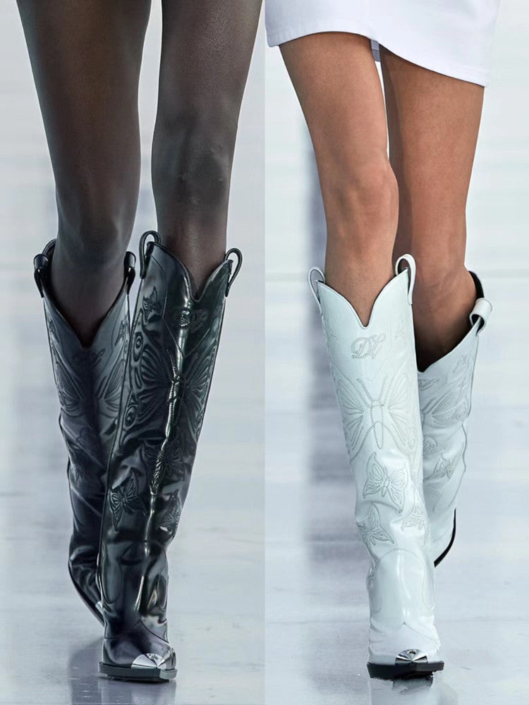 GR | Women's High-Heeled Metal Pointed Toe Bow Embroidered Boots