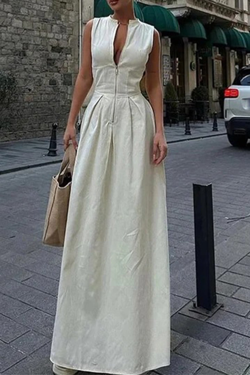 GR | Casual Street Pocket Zip O-Neck Long Dresses - 3 Colors