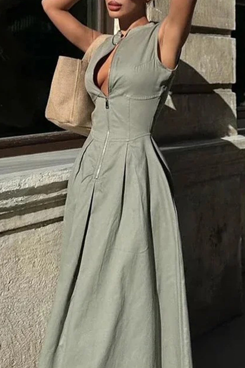 GR | Casual Street Pocket Zip O-Neck Long Dresses - 3 Colors