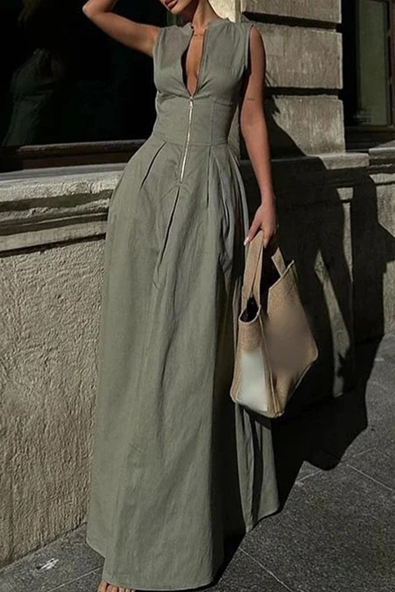 GR | Casual Street Pocket Zip O-Neck Long Dresses - 3 Colors