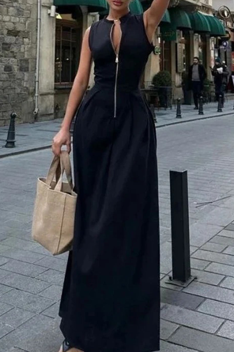 GR | Casual Street Pocket Zip O-Neck Long Dresses - 3 Colors