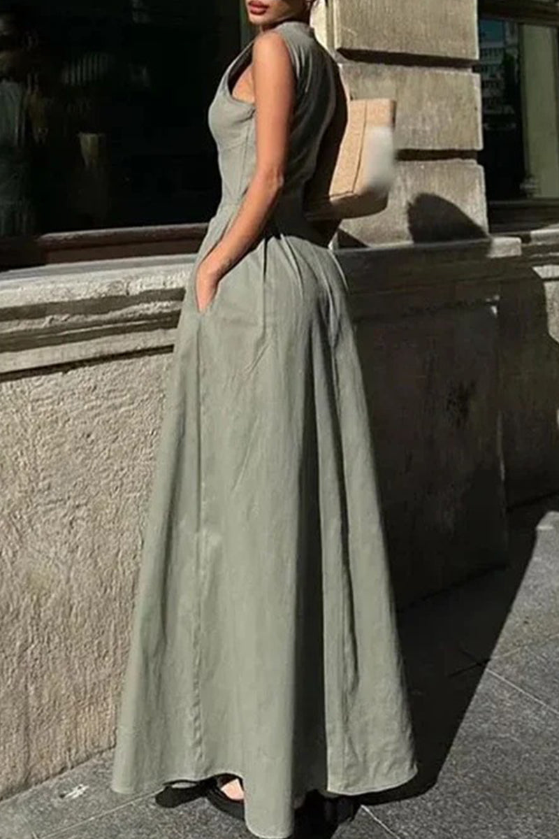 GR | Casual Street Pocket Zip O-Neck Long Dresses - 3 Colors