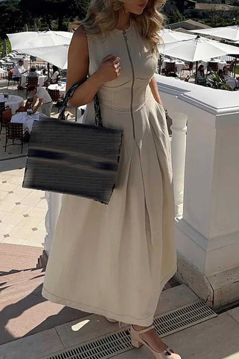 GR | Casual Street Pocket Zip O-Neck Long Dresses - 3 Colors